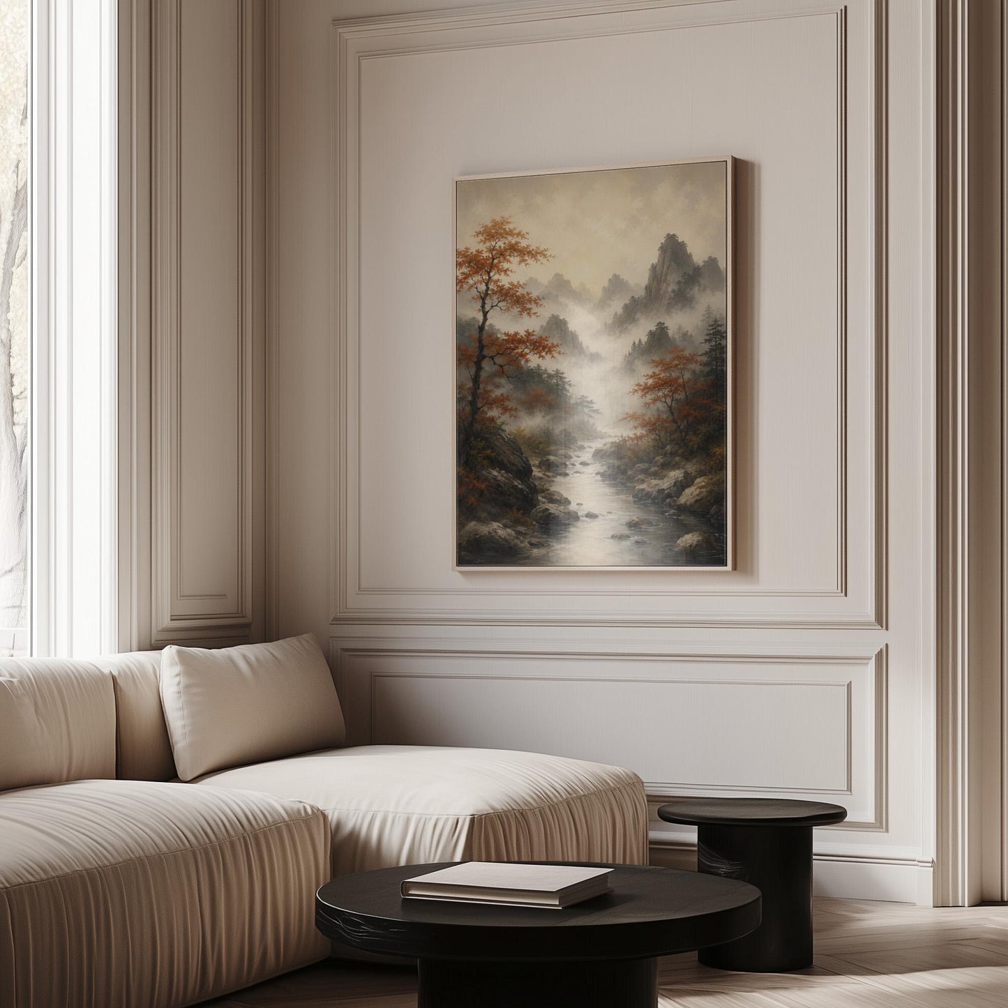 Autumn maples along a misty mountain stream, canvas print displayed on a neutral wall in a styled interior