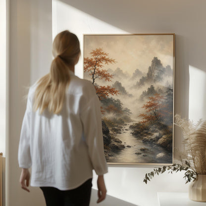 Autumn maples along a misty mountain stream, canvas wall art styled against a soft white wall