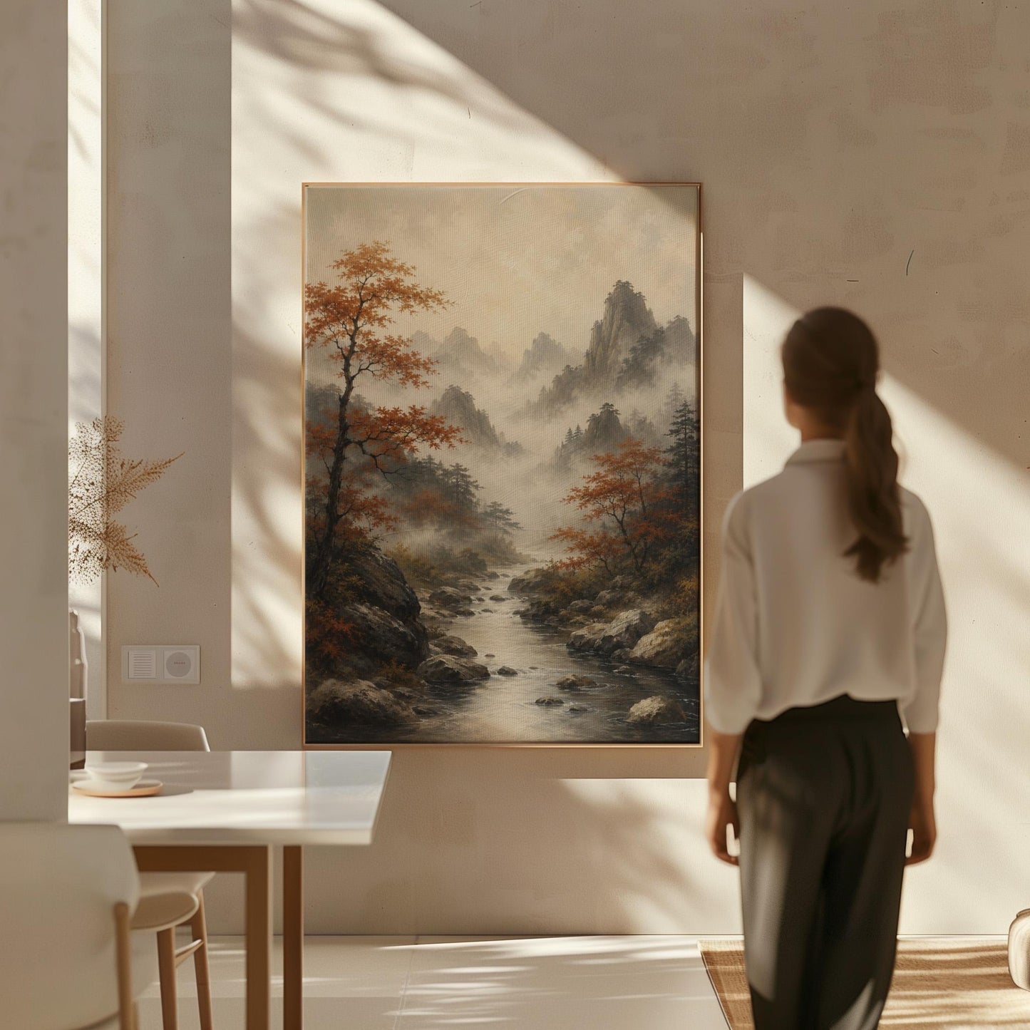 Autumn maples along a misty mountain stream, canvas wall art on a quiet wall in a considered interior