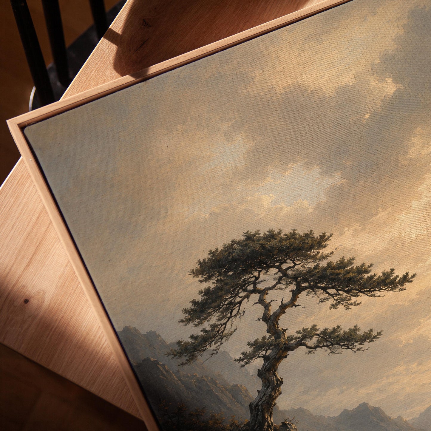 Lone pine on a sea cliff above a restless ocean, canvas print in a warm, minimally styled interior