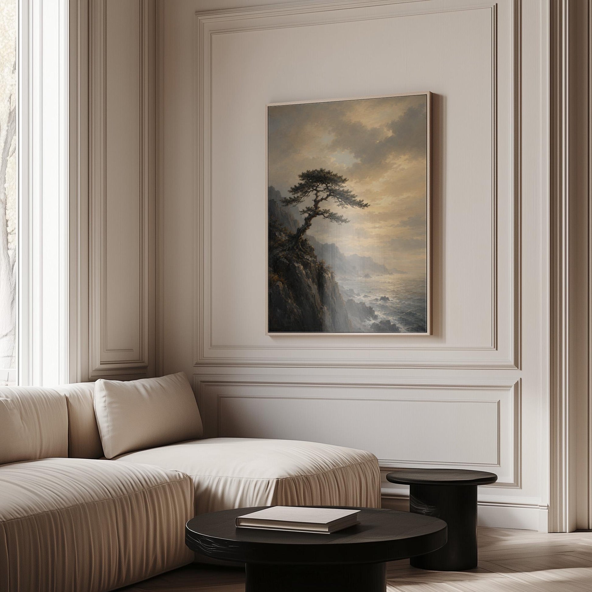 Lone pine on a sea cliff above a restless ocean, canvas print hanging in a calm, modern living space