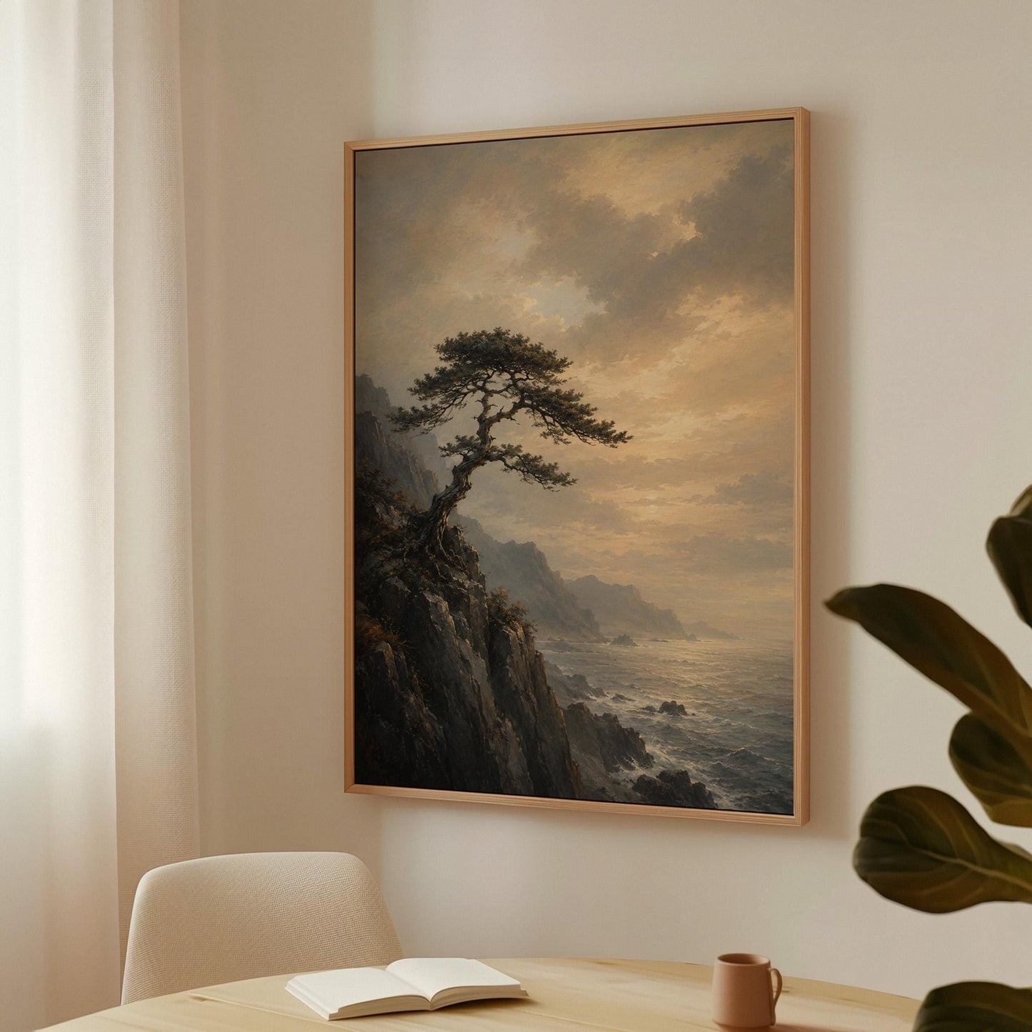 Lone pine on a sea cliff above a restless ocean, canvas print shown to scale in a furnished room