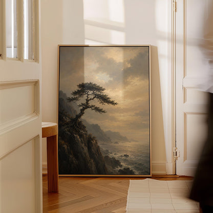 Lone pine on a sea cliff above a restless ocean, canvas print shown in a sunlit, contemporary room