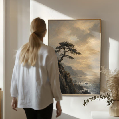 Lone pine on a sea cliff above a restless ocean, canvas wall art hanging in a calm, modern living space