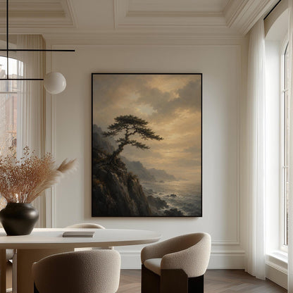 Lone pine on a sea cliff above a restless ocean, canvas print seen in a warm interior with natural light