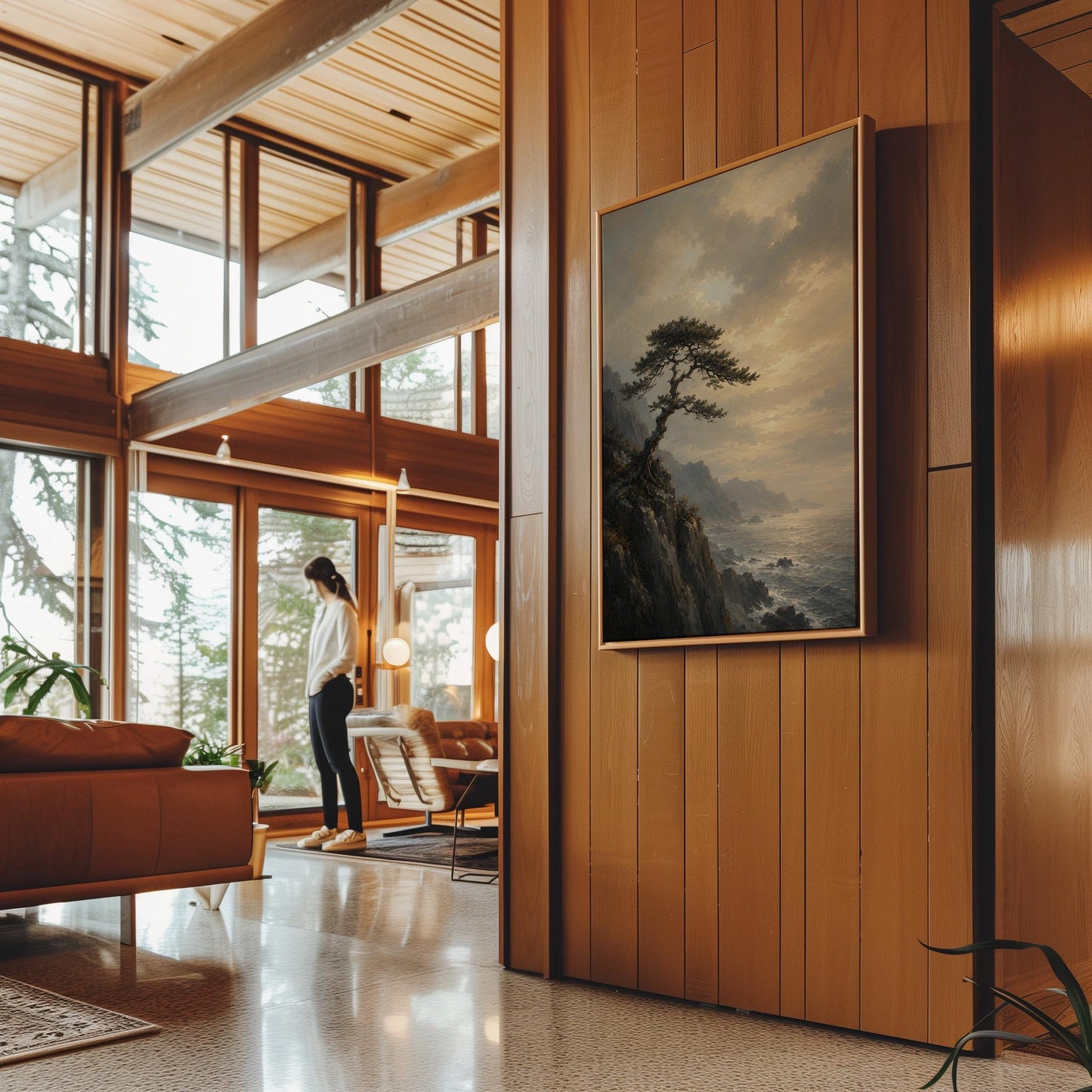 Lone pine on a sea cliff above a restless ocean, canvas wall art on a quiet wall in a considered interior