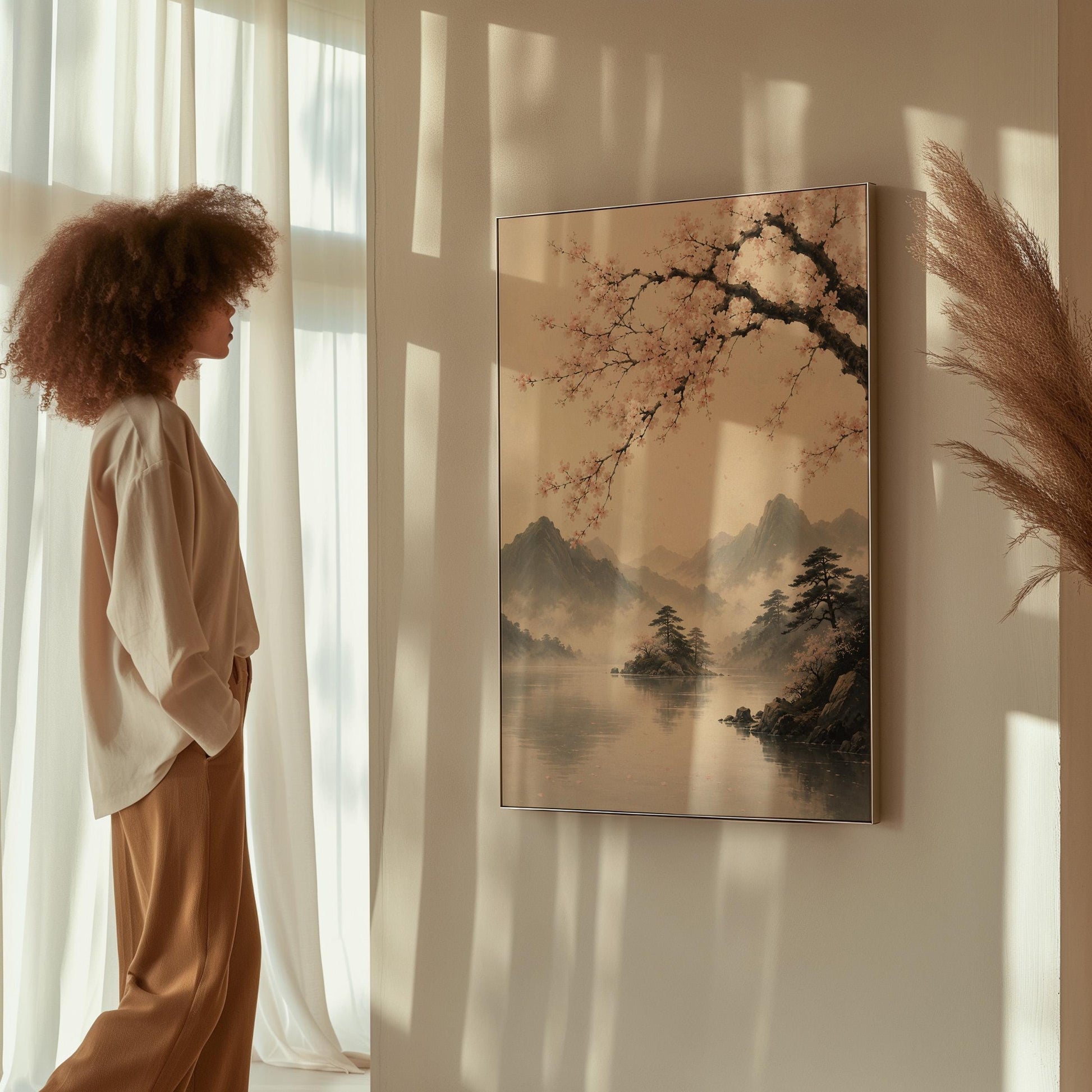 Cherry blossom branches over a misty mountain lake, canvas print styled against a soft white wall
