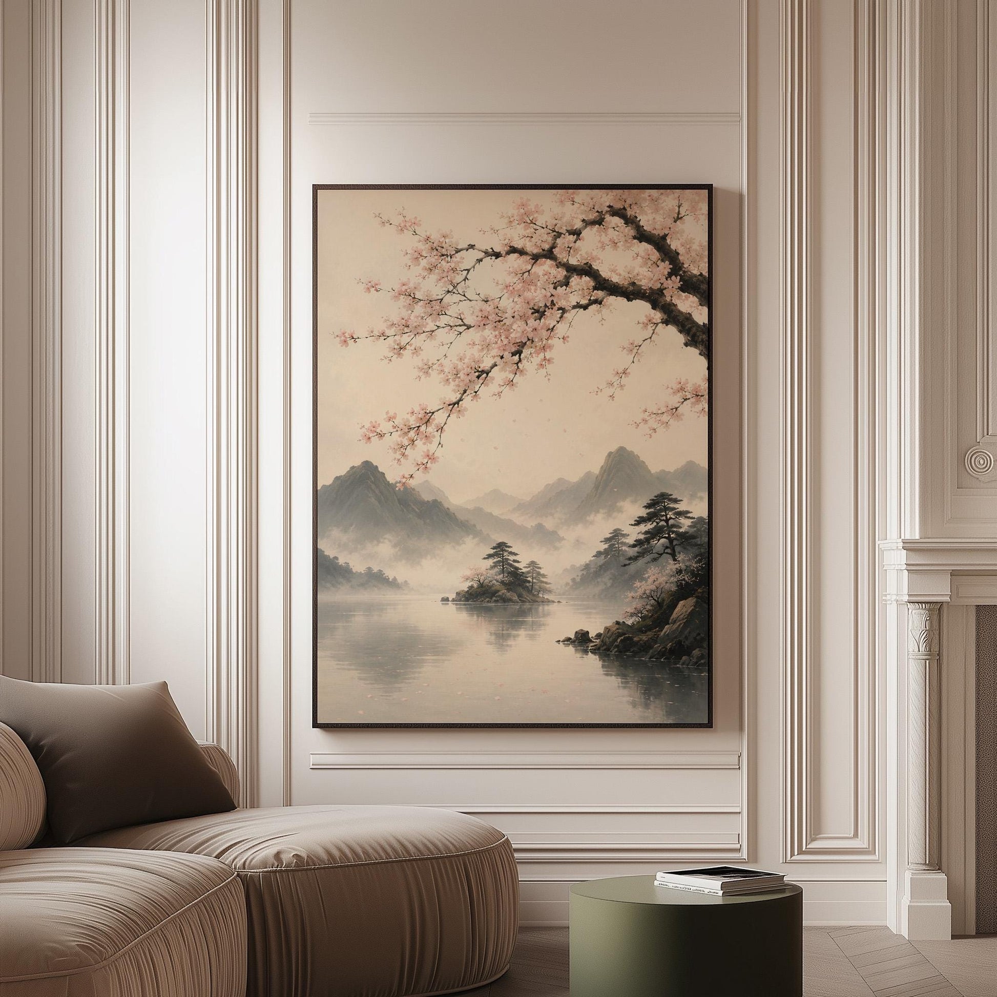 Cherry blossom branches over a misty mountain lake, canvas print on a softly lit wall in a calm interior