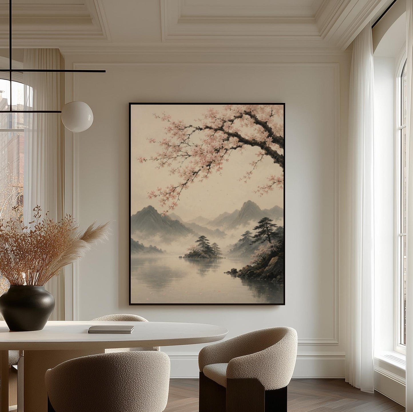Cherry blossom branches over a misty mountain lake, canvas print shown to scale in a furnished room