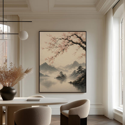 Cherry blossom branches over a misty mountain lake, canvas print shown to scale in a furnished room
