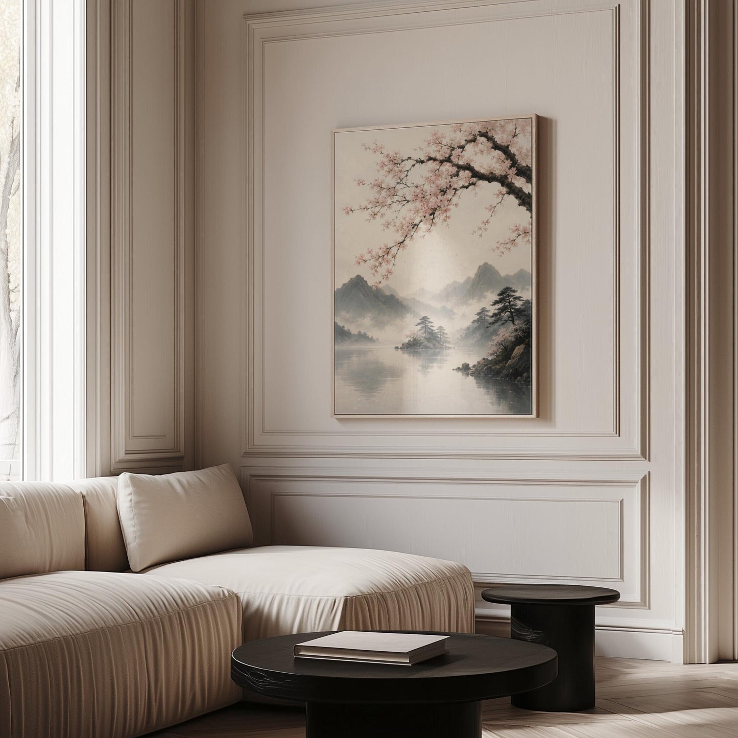 Cherry blossom branches over a misty mountain lake, canvas print shown in a sunlit, contemporary room