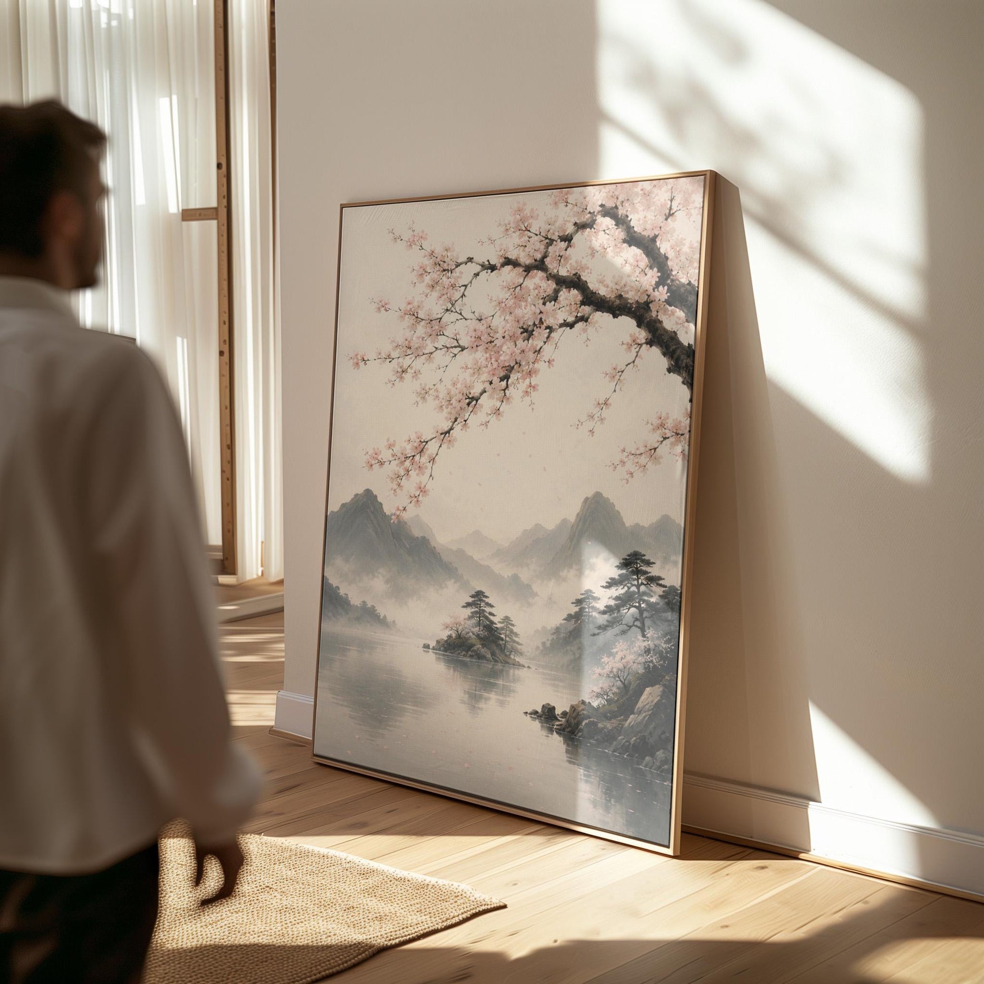 Cherry blossom branches over a misty mountain lake, canvas wall art hanging in a calm, modern living space