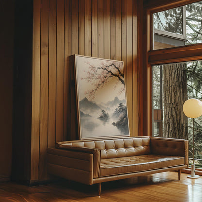 Cherry blossom branches over a misty mountain lake, canvas wall art styled against a soft white wall