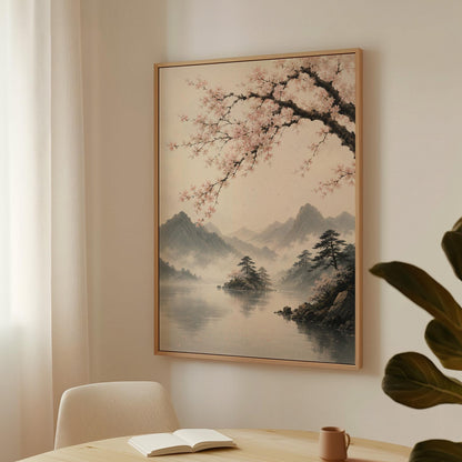 Cherry blossom branches over a misty mountain lake, canvas print on a quiet wall in a considered interior