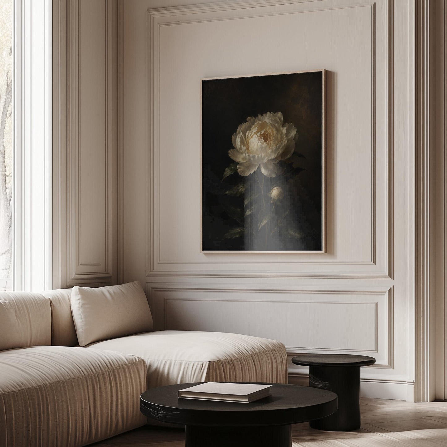 White peony in full bloom against a dark background, canvas print presented in a light, minimal room