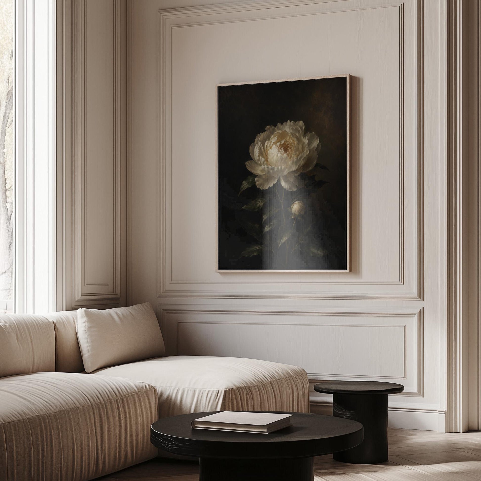 White peony in full bloom against a dark background, canvas print presented in a light, minimal room