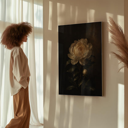 White peony in full bloom against a dark background, canvas wall art styled against a soft white wall