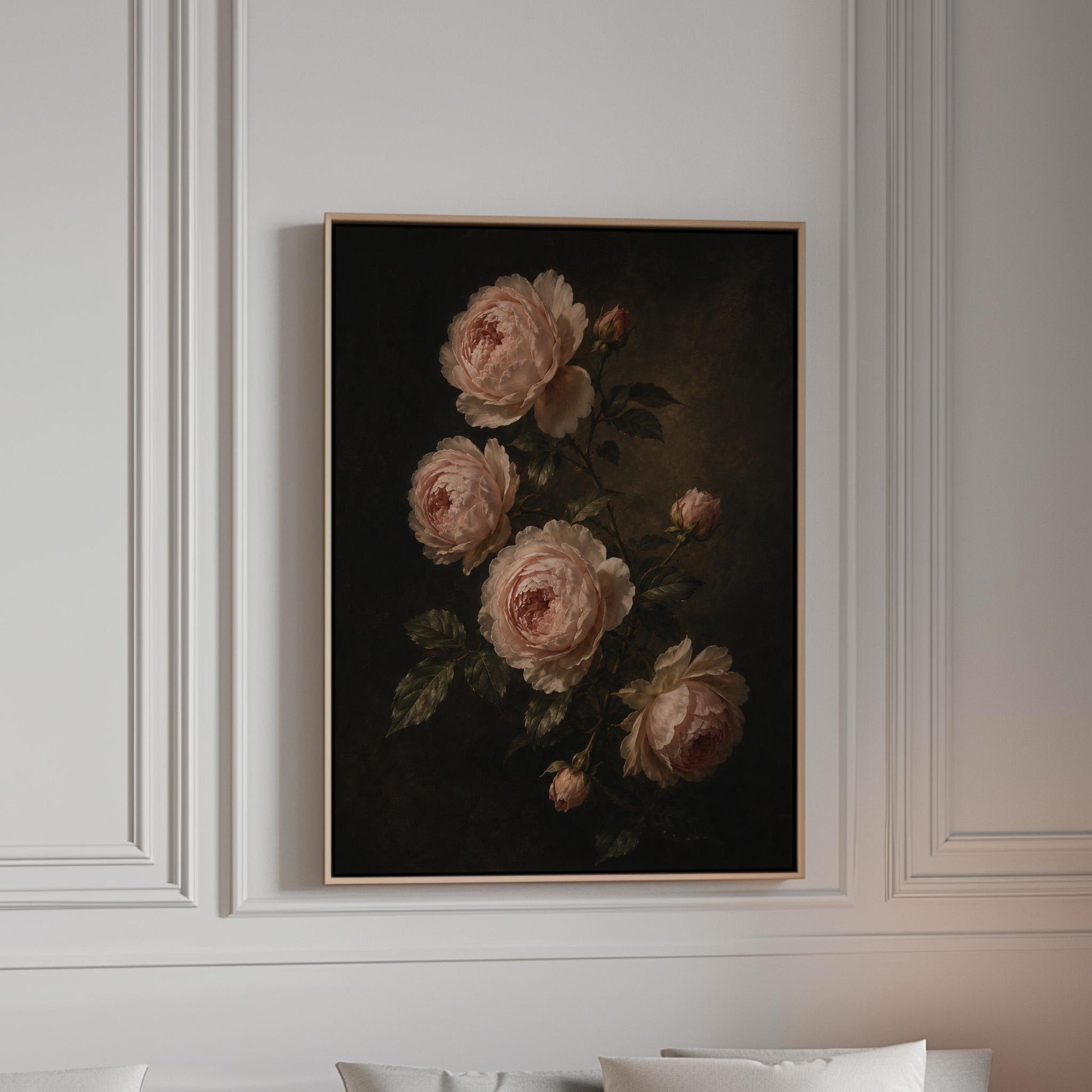 Blush pink garden roses against a dark background, canvas print in a bright room with natural daylight