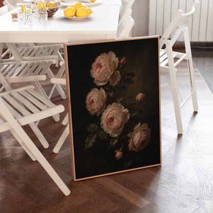 Blush pink garden roses against a dark background, canvas print on a quiet wall in a considered interior
