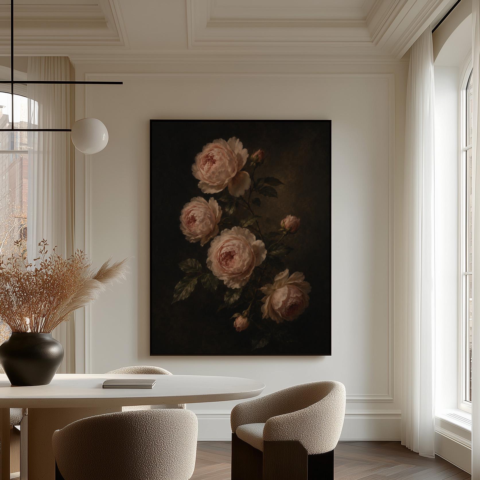 Blush pink garden roses against a dark background, canvas wall art styled against a soft white wall
