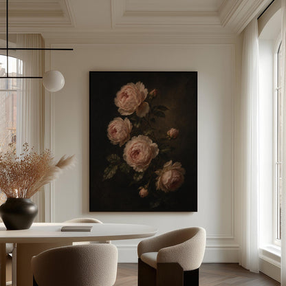 Blush pink garden roses against a dark background, canvas wall art styled against a soft white wall