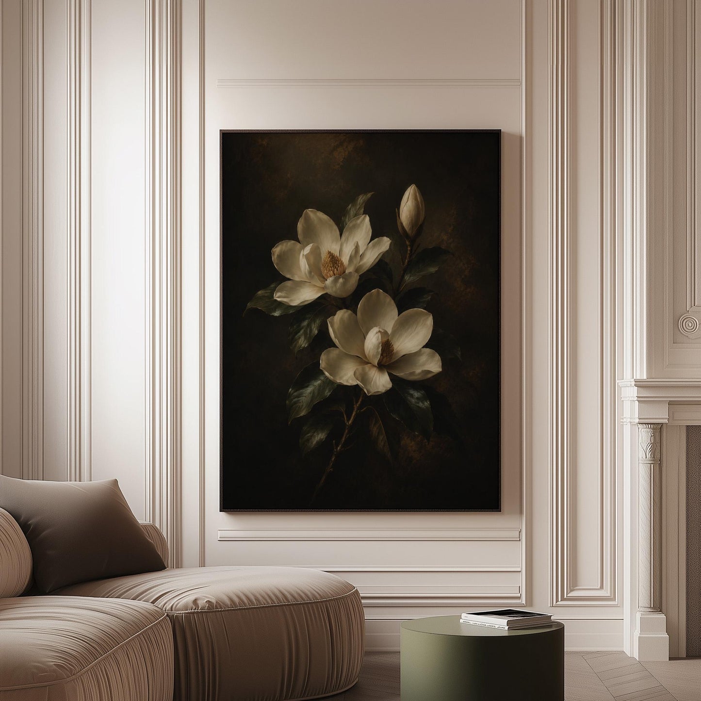 Cream magnolia blooms and dark glossy leaves, canvas print on a softly lit wall in a calm interior