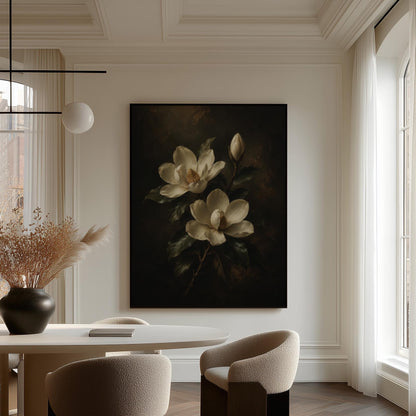Cream magnolia blooms and dark glossy leaves, canvas print hanging in a calm, modern living space