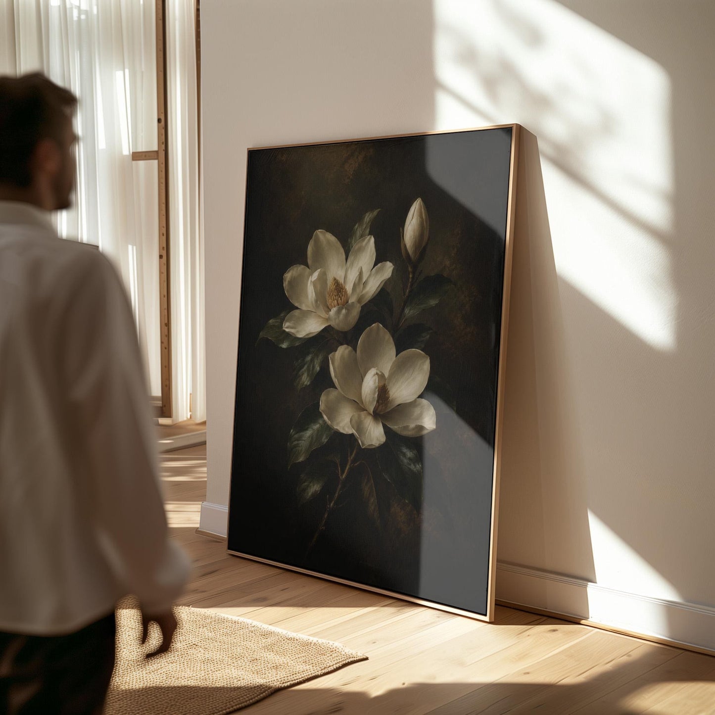 Cream magnolia blooms and dark glossy leaves, canvas print presented in a light, minimal room