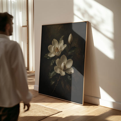 Cream magnolia blooms and dark glossy leaves, canvas print presented in a light, minimal room