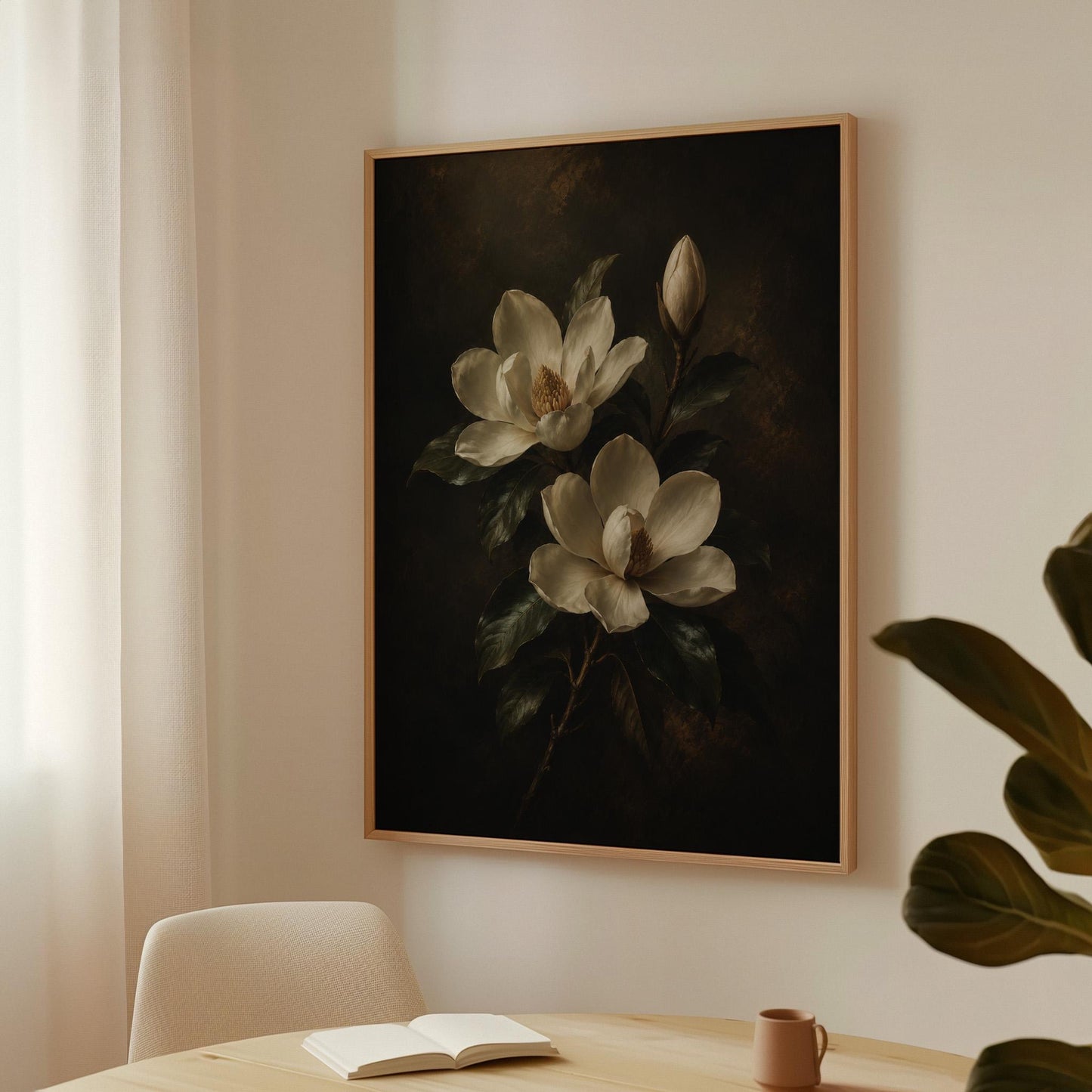 Cream magnolia blooms and dark glossy leaves, canvas print on a quiet wall in a considered interior