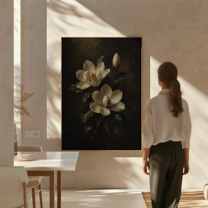 Cream magnolia blooms and dark glossy leaves, canvas print shown to scale in a furnished room