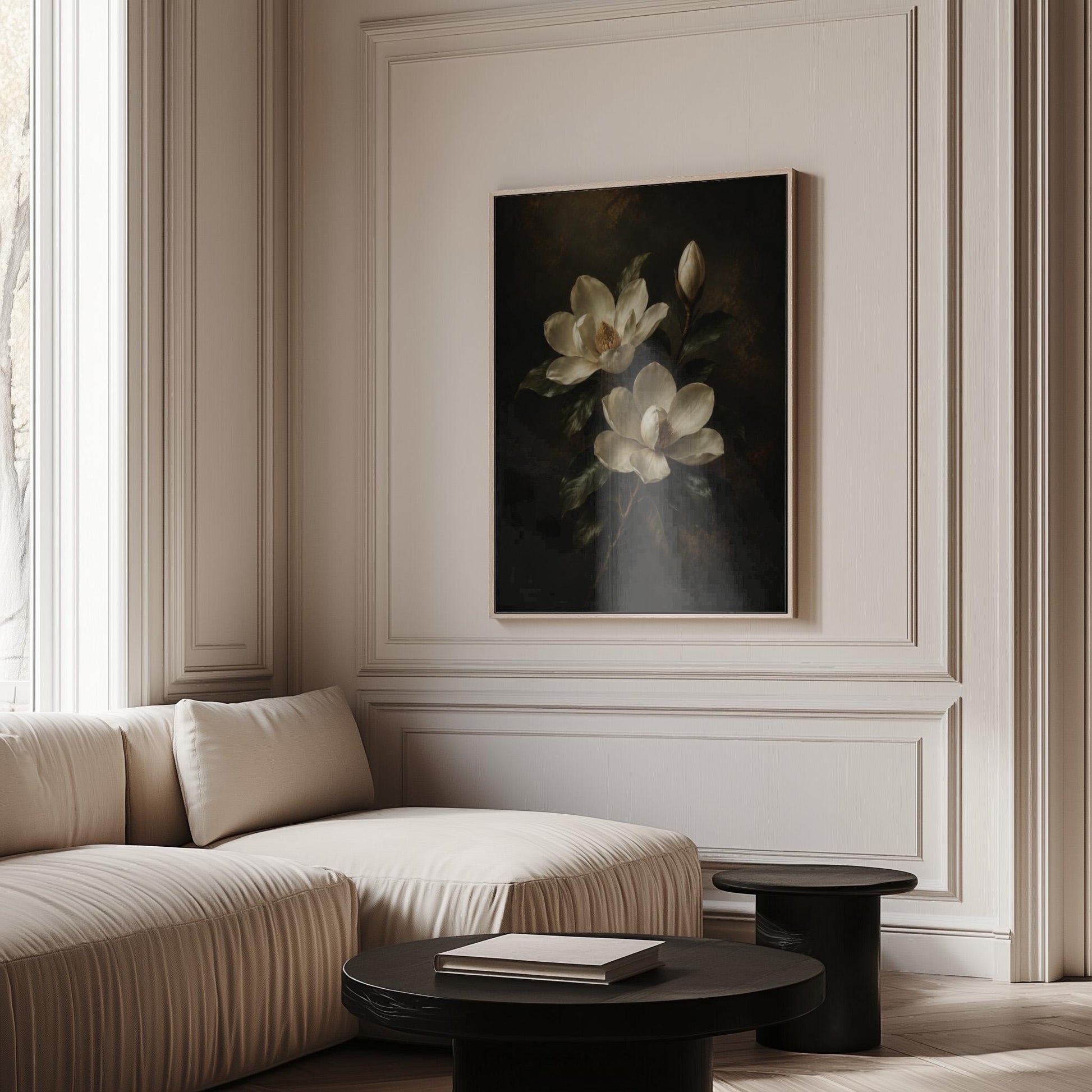 Cream magnolia blooms and dark glossy leaves, canvas wall art styled against a soft white wall