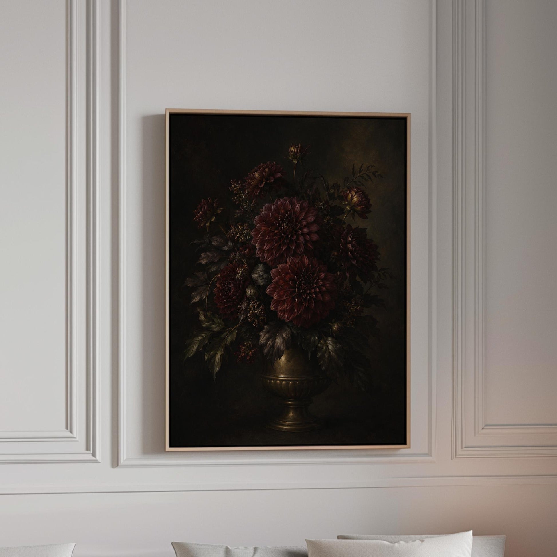 Burgundy dahlias in a brass urn against darkness, canvas print in a bright room with natural daylight