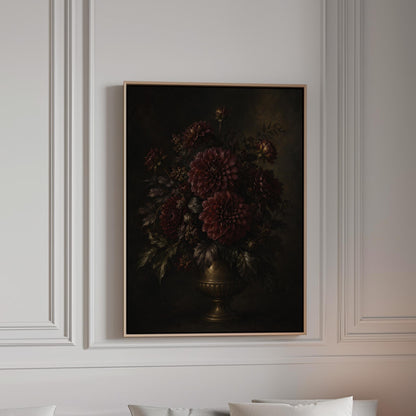 Burgundy dahlias in a brass urn against darkness, canvas print in a bright room with natural daylight