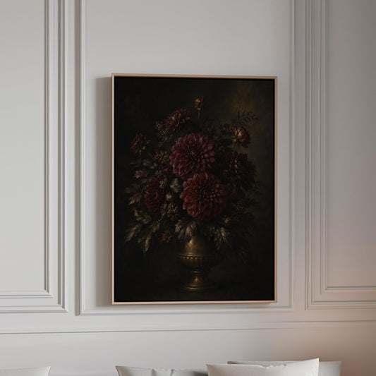 Burgundy dahlias in a brass urn against darkness, canvas print in a bright room with natural daylight