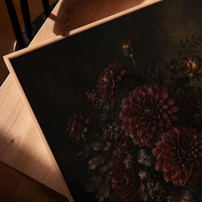 Burgundy dahlias in a brass urn against darkness, canvas print in a warm, minimally styled interior