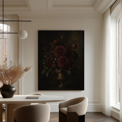 Burgundy dahlias in a brass urn against darkness, canvas print styled against a soft white wall