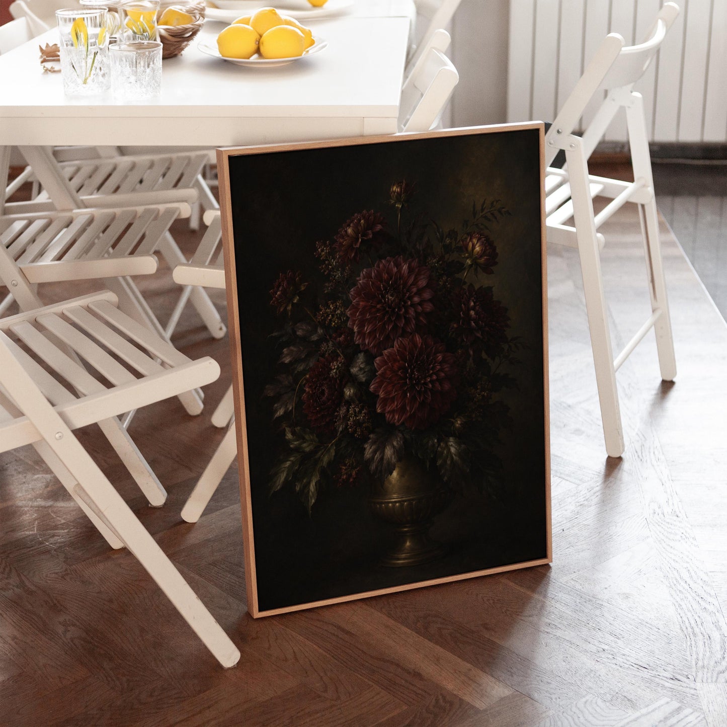 Burgundy dahlias in a brass urn against darkness, canvas print on a quiet wall in a considered interior