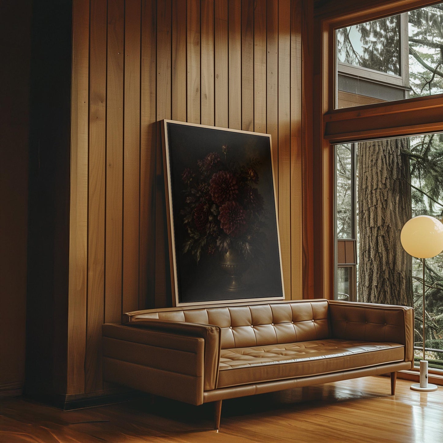 Burgundy dahlias in a brass urn against darkness, canvas wall art seen in a warm interior with natural light