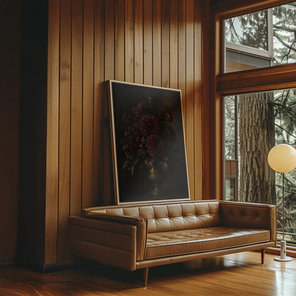 Burgundy dahlias in a brass urn against darkness, canvas wall art seen in a warm interior with natural light