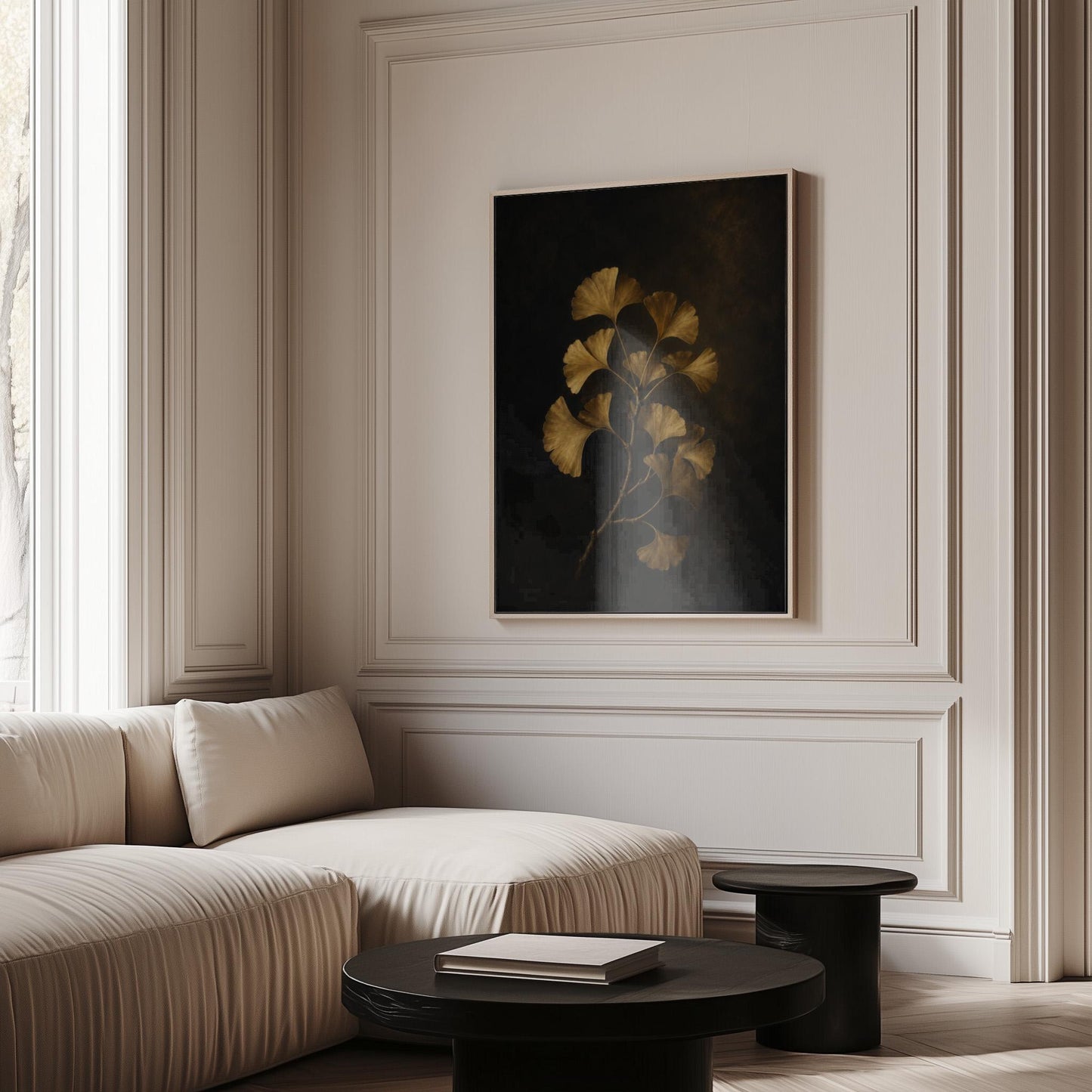 Golden ginkgo branch on a deep charcoal ground, canvas print shown to scale in a furnished room