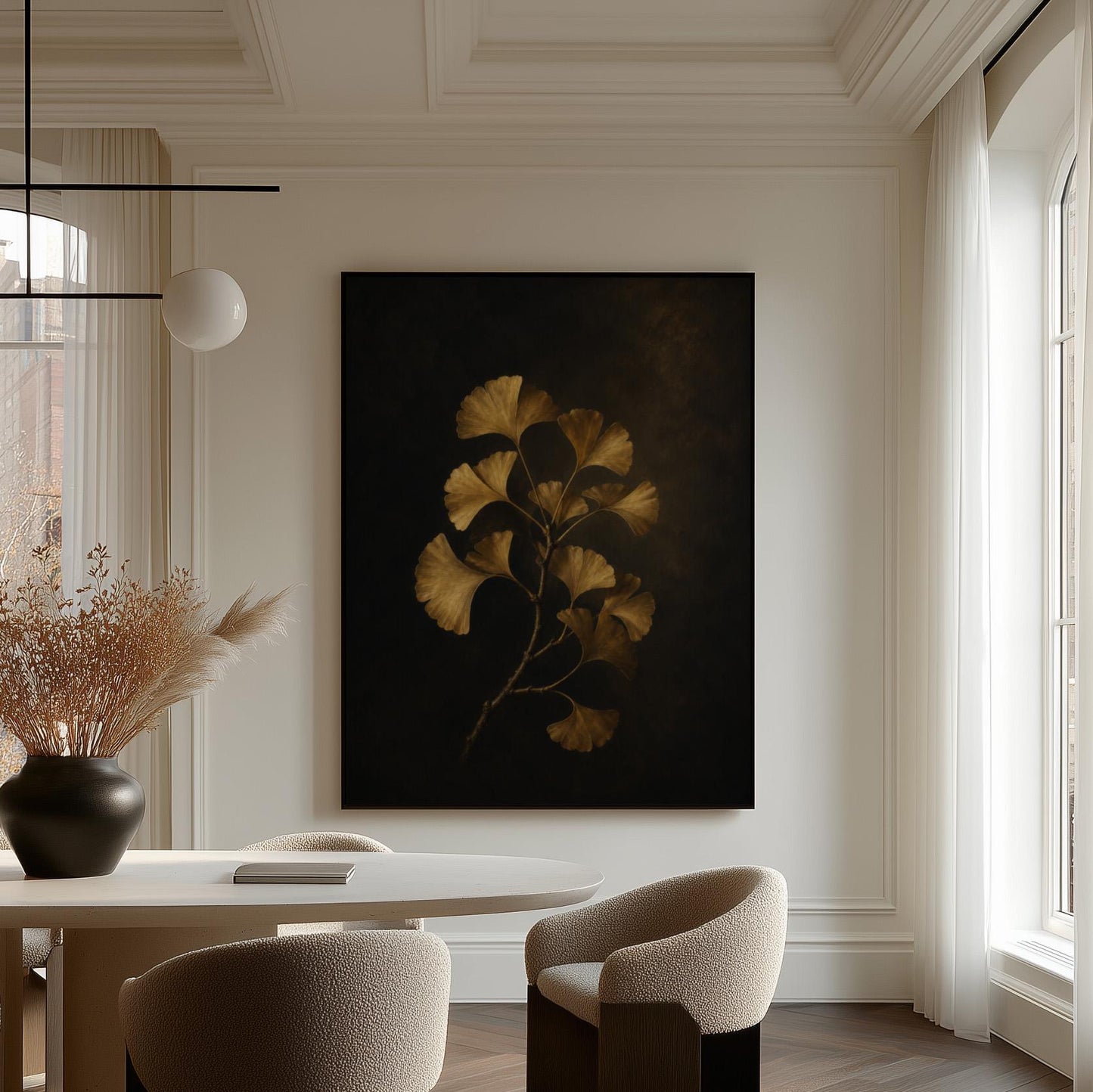 Golden ginkgo branch on a deep charcoal ground, canvas print styled against a soft white wall