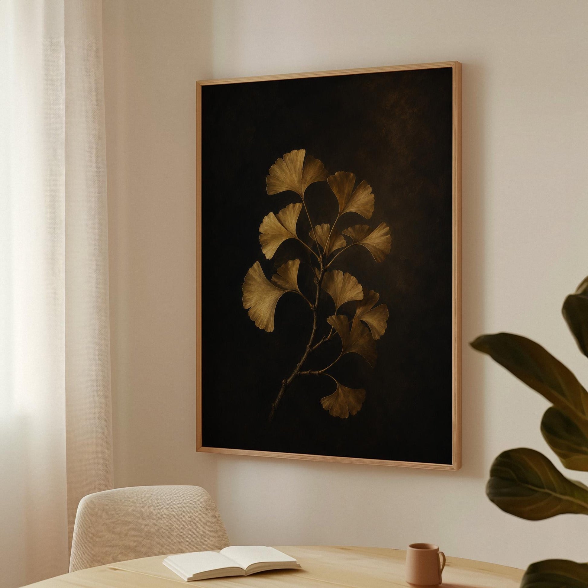 Golden ginkgo branch on a deep charcoal ground, canvas wall art presented in a light, minimal room