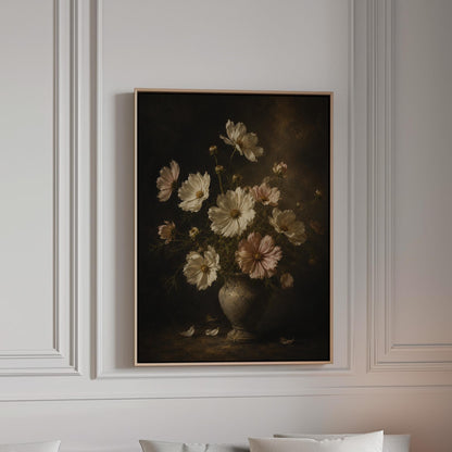 White cosmos flowers in a weathered stone vase, canvas print in a bright room with natural daylight