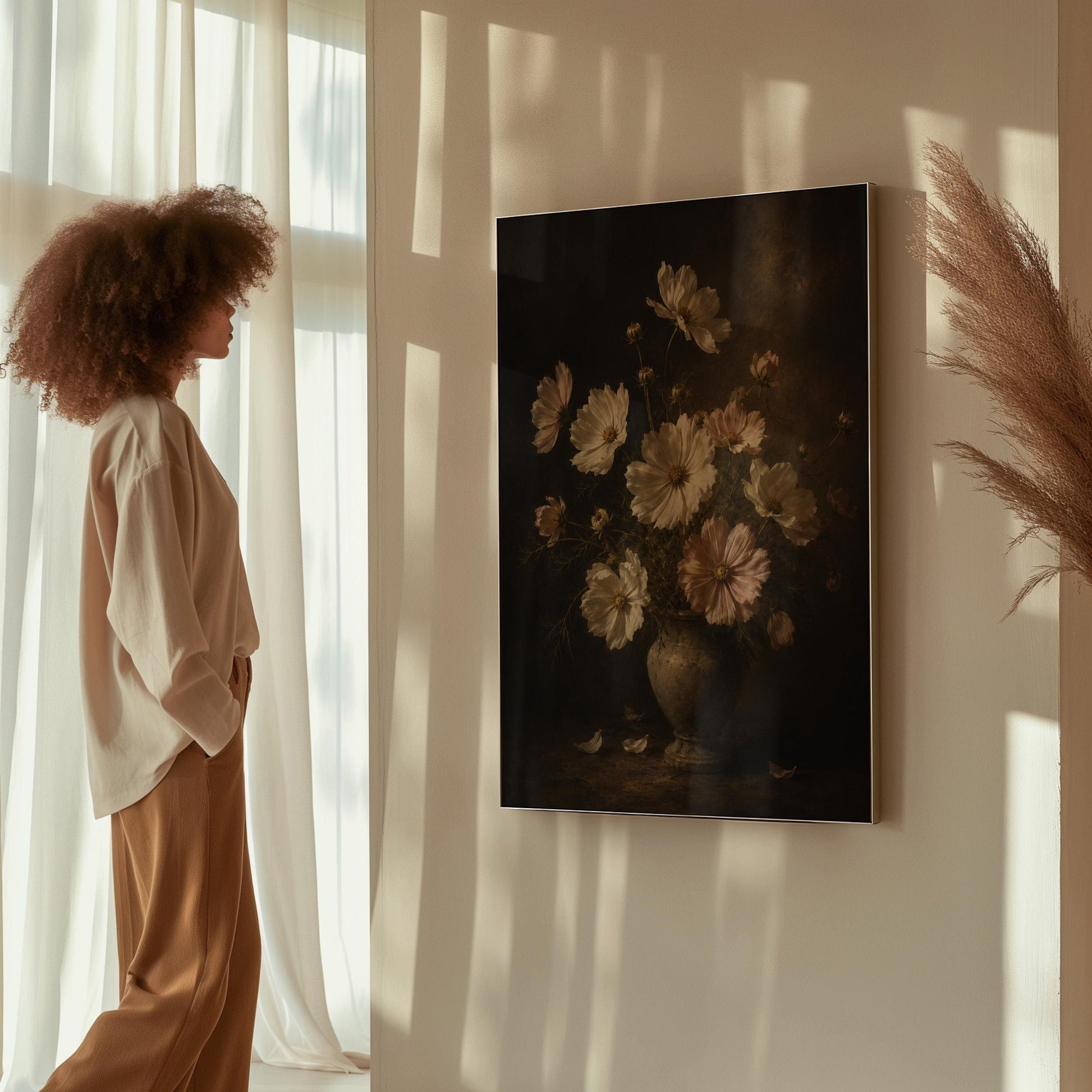 White cosmos flowers in a weathered stone vase, canvas print styled against a soft white wall