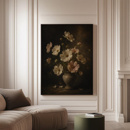 White cosmos flowers in a weathered stone vase, canvas print on a softly lit wall in a calm interior