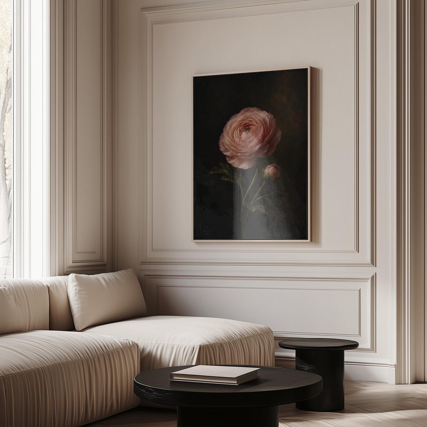 Single pink ranunculus bloom against dark shadow, canvas print seen in a warm interior with natural light