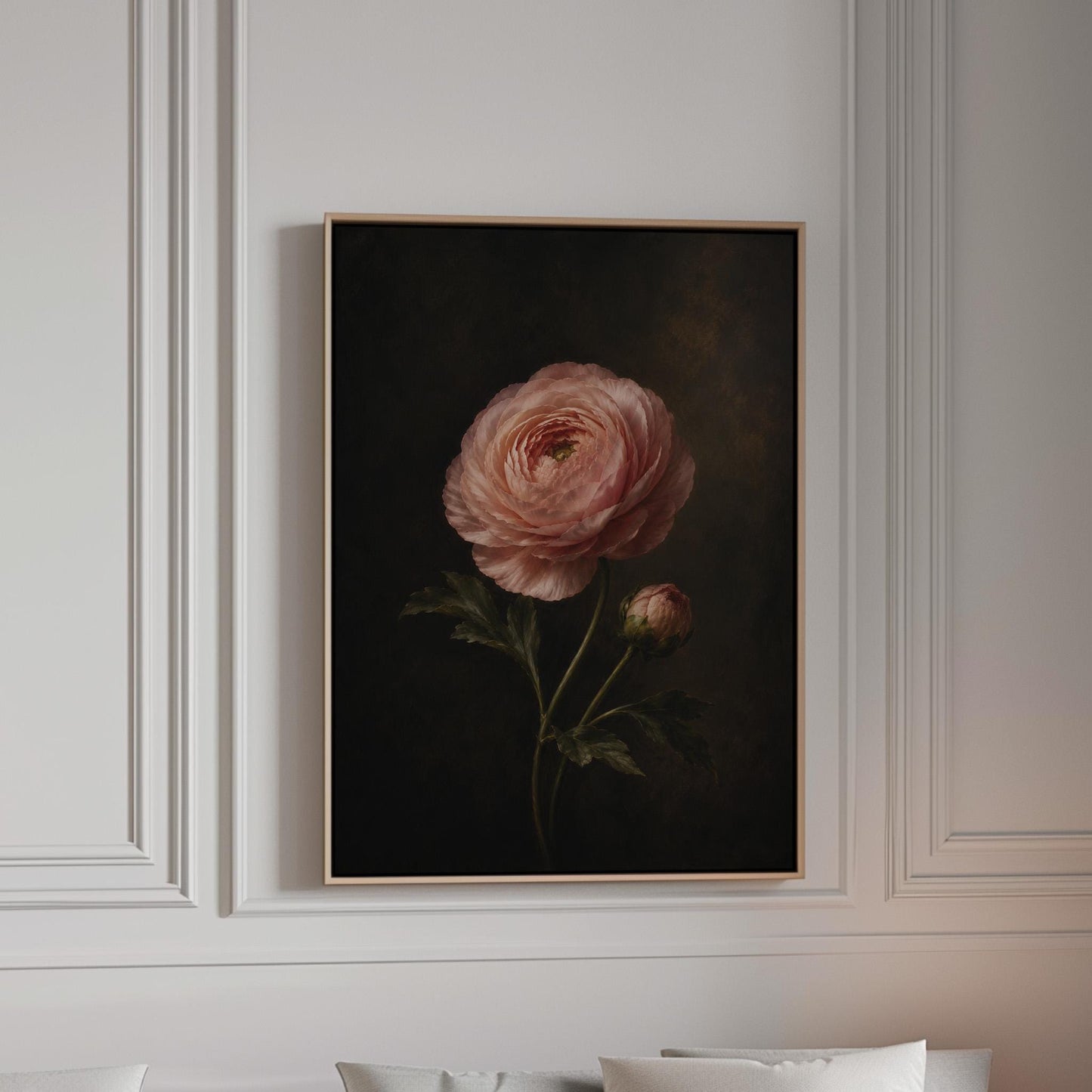 Single pink ranunculus bloom against dark shadow, canvas print in a bright room with natural daylight