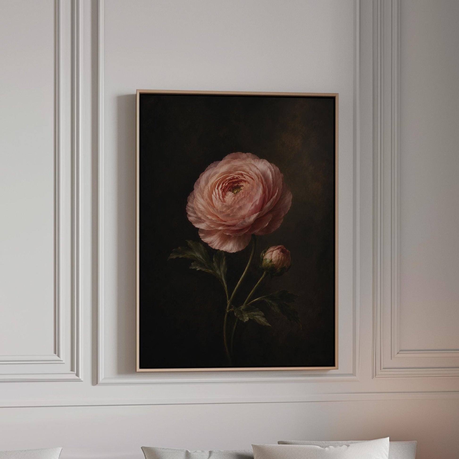 Single pink ranunculus bloom against dark shadow, canvas print in a bright room with natural daylight