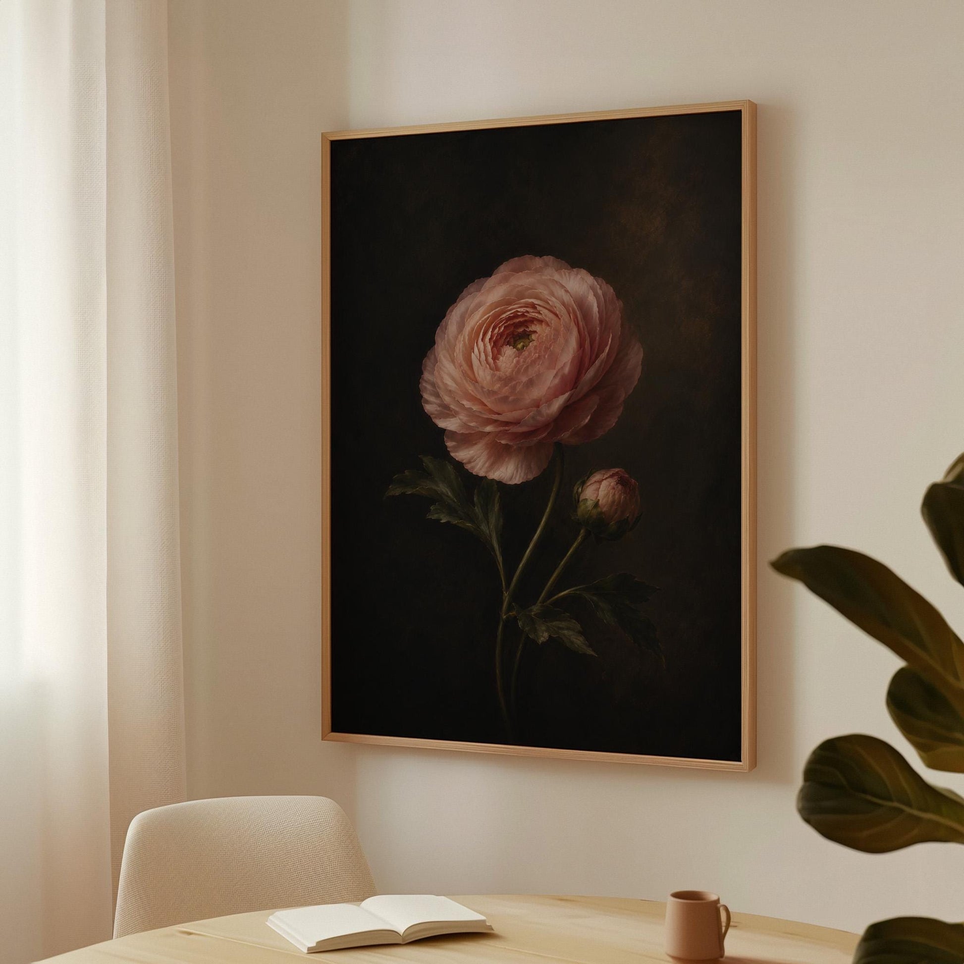 Single pink ranunculus bloom against dark shadow, canvas wall art styled against a soft white wall